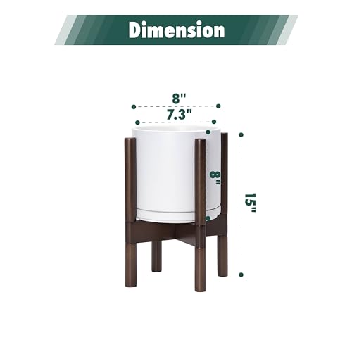 Ceramic Pot with Walnut Wood Stand (8 Inch / White Pot + Walnut Color Stand)