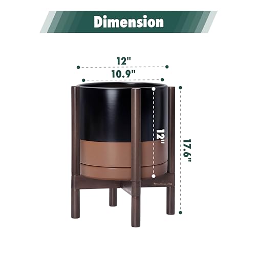 Ceramic Pot with Walnut Wood Stand (12 Inch / Black/Speckled Tan Pot + Walnut Color Stand)