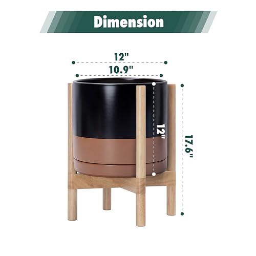 Ceramic Pot with Natural Wood Stand (12 Inch / Black/Speckled Tan Pot + Natural Stand)