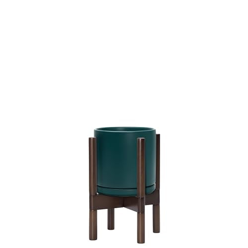 Ceramic Pot with Walnut Wood Stand (8 Inch / Teal Pot + Walnut Color Stand)