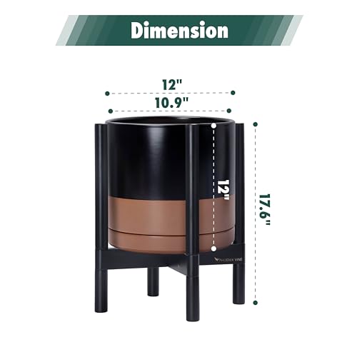 Ceramic Pot with Ebony Wood Stand (12 Inch / Black/Speckled Tan Pot + Ebony Stand)