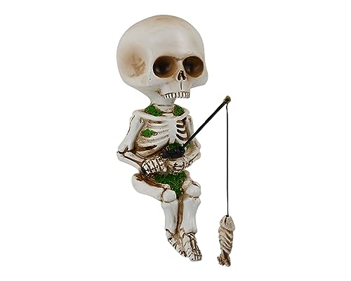 Style Fishing Skeleton Statue 4.5 Inch Mini Skull Figurines Halloween Gothic Decor Resin Cute Skull Fisher Sculpture for Outdoor Garden Pond Fountain Poolside
