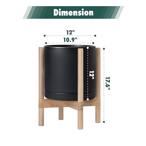 Ceramic Pot with Natural Wood Stand (12 Inch / Black Pot + Natural Stand)