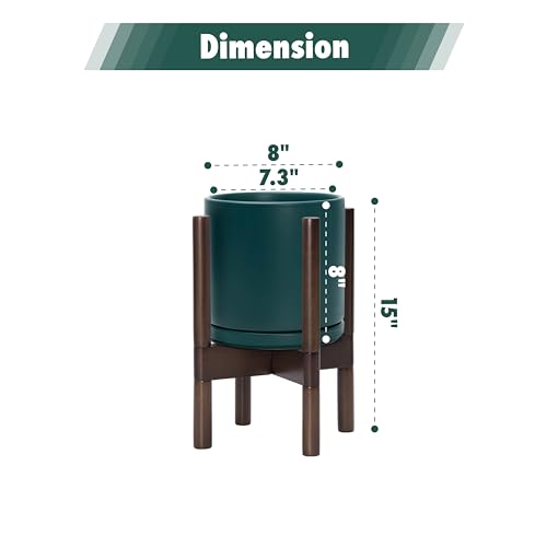 Ceramic Pot with Walnut Wood Stand (8 Inch / Teal Pot + Walnut Color Stand)
