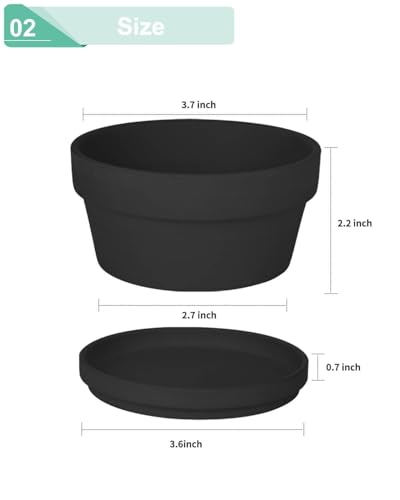 3.7 Inch Black Terracotta Succulent Pots with Saucers (Black / 3.7 Inch)