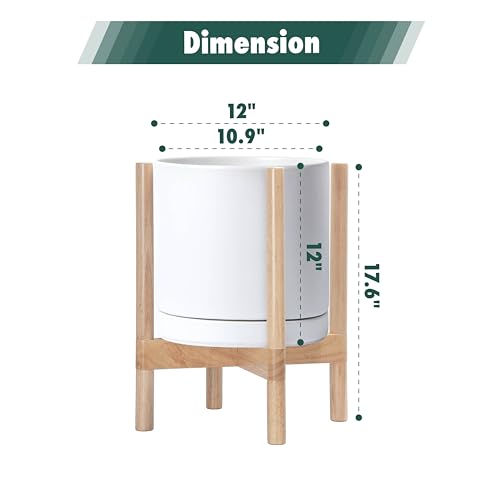 Ceramic Pot with Natural Wood Stand (12 Inch / White Pot + Natural Stand)