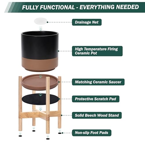 Ceramic Pot with Natural Wood Stand (12 Inch / Black/Speckled Tan Pot + Natural Stand)