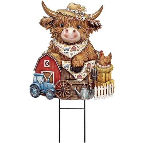 Farmhouse Highland Cow Outdoor Decor Rustic Metal Garden Stakes (Countryside)