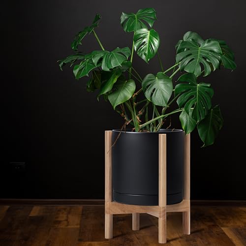 Ceramic Pot with Natural Wood Stand (12 Inch / Black Pot + Natural Stand)