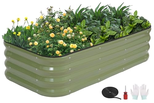 3-in-1 Modular Raised Garden Bed Kit - Adjustable Sizes (4x2x1ft, 3x3x1ft, 5x1x1ft) - Heavy-Duty Galvanized Steel Planter Box with Bracing Rods & Gloves for Vegetables, Fruits, Flowers (Green / 4×2×1FT)