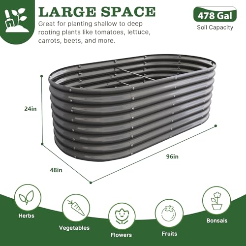 Anleolife 8x4x2ft Oval Deep Root Galvanized Raised Garden Bed (Quartz Grey-oval Round / 96x48x24'' Tall)