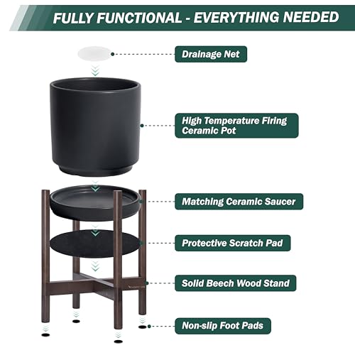 Ceramic Pot with Walnut Wood Stand (14 Inch / Black Pot + Walnut Color Stand)
