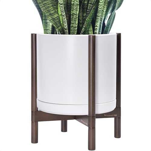 Ceramic Pot with Walnut Wood Stand (14 Inch / White Pot + Walnut Color Stand)