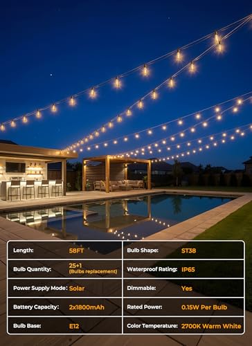 58FT Solar String Lights Outdoor Waterproof (58FT(25 Sockets))