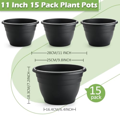 15 Pack 11 Inch Plant Pots with Drainage Holes (Black Pack of 15 / 11 inch)