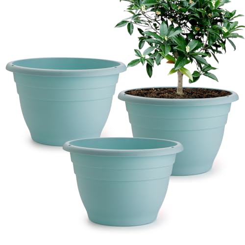 3 Pack 11 Inch Plant Pots with Drainage Hole and Plug (Sky Blue / 11 inch)