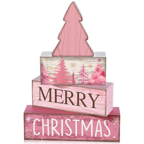 4 Pcs Wooden Merry Christmas Block Signs Pink Farmhouse Decor (Pink Christmas)