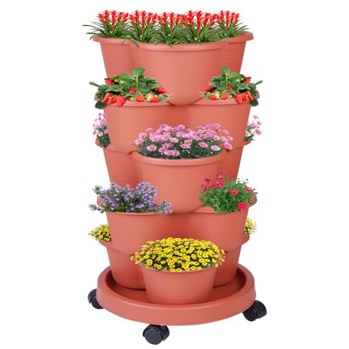 5 Tier Vertical Garden Tower Stackable Planter for Strawberries (Brown / 1 Pack)