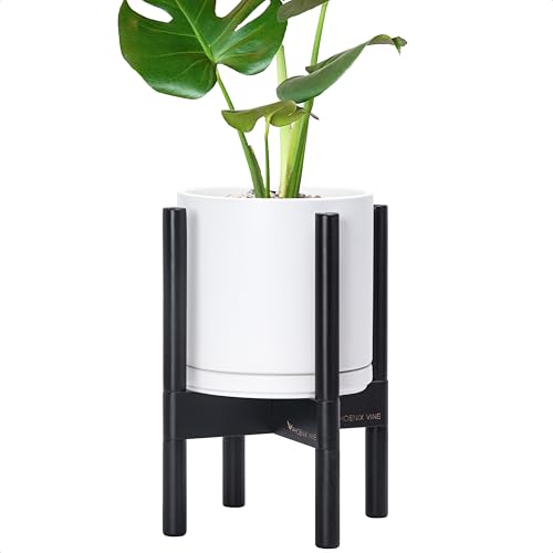 Ceramic Pot with Ebony Wood Stand (8 Inch / White Pot + Ebony Stand)