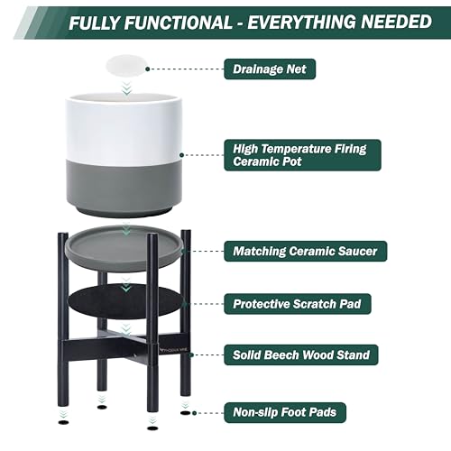 Ceramic Pot with Ebony Wood Stand (8 Inch / White/Grey Pot + Ebony Stand)