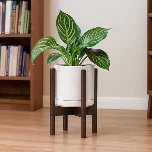 Ceramic Pot with Walnut Wood Stand (8 Inch / Oatmeal Pot + Walnut Color Stand)