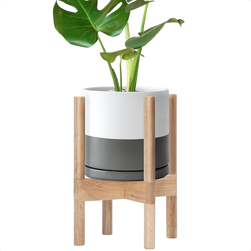 Ceramic Pot with Natural Wood Stand (8 Inch / White/Grey Pot + Natural Stand)