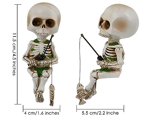 Style Fishing Skeleton Statue 4.5 Inch Mini Skull Figurines Halloween Gothic Decor Resin Cute Skull Fisher Sculpture for Outdoor Garden Pond Fountain Poolside