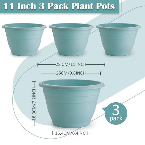 3 Pack 11 Inch Plant Pots with Drainage Hole and Plug (Sky Blue / 11 inch)