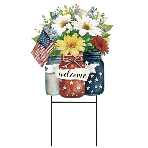 1 Pcs 4th of July Outdoor Decorations Patriotic Memorial Day Garden Stakes Mason Jars Welcome Yard Signs Decor Red White Blue Garden Stakes for Independence Patio Lawn Walkway Outside (4th of July Mason Jars)