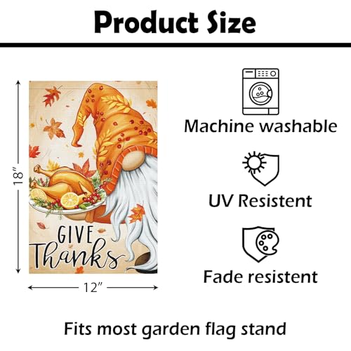 Thanksgiving Garden Flag 12x18 Inch Double Sided Give Thanks Gnome Flag Burlap Vertical Small Turkey Fall Garden Flags for Outside House Farmhouse Yard Harvest Autumn Decoration