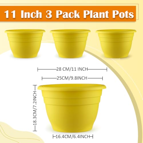 3 Pack 11 Inch Plant Pots for Indoor Outdoor (Yellow / 11 inch)