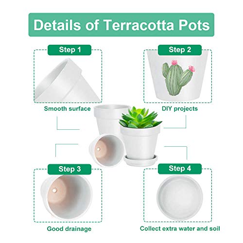 4 Inch White Terracotta Plant Pots with Saucer (White)