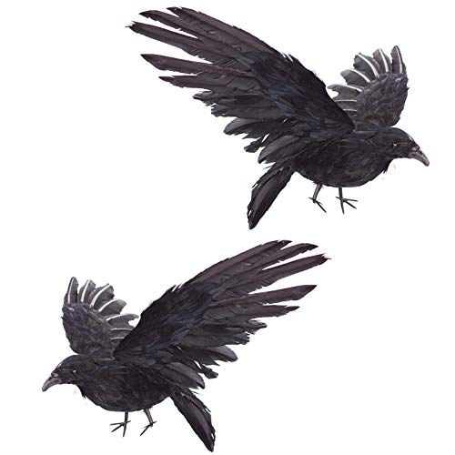 2 Pack Realistic Crows Lifesize Extra Large Handmade Black Feathered Crow for Halloween Decorations Birds (XL (15in+15in))