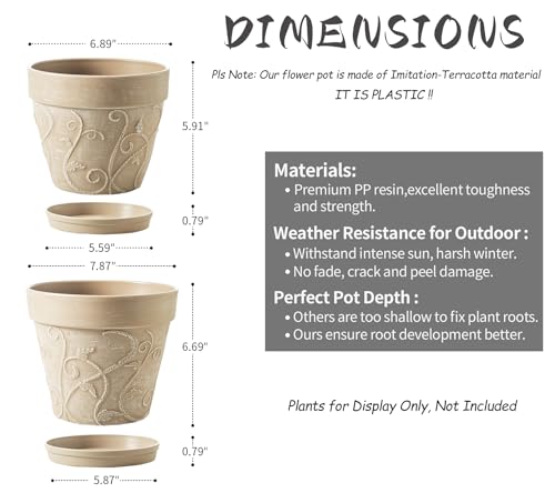 Plant Pots Indoor with Drainage & Saucer (Undecorated Pottery Color / 7/8 inch)
