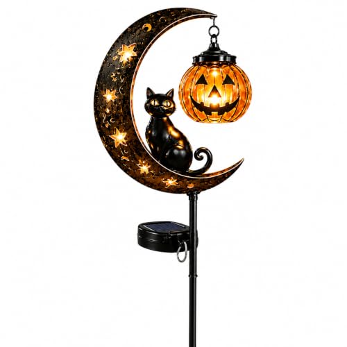 Solar Halloween Black Cat & Pumpkin Moon Garden Stake Light (Style-A)