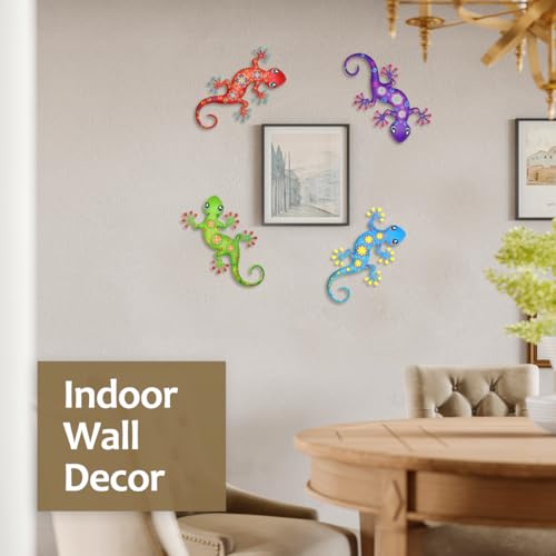4 Pcs Metal Gecko Outdoor Wall Art Hanging Sculpture Decorations (Colorful-a)