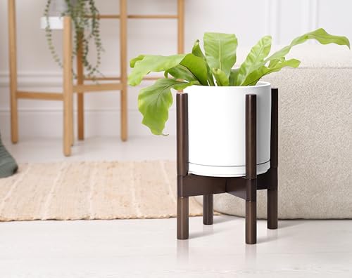Ceramic Pot with Walnut Wood Stand (8 Inch / White Pot + Walnut Color Stand)