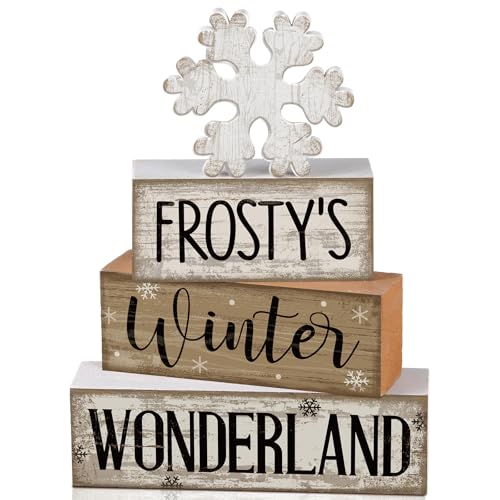 4 Pcs Winter Table Decorations Wooden Snowflake Decor Winter Tiered Tray Decor Rustic Snow Block Signs Gift Farmhouse Snowflake Table Centerpiece for Wonderland Party Kitchen Home (Snowflake)