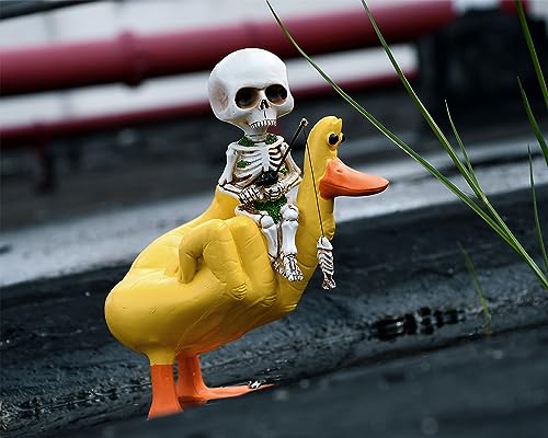 Style Fishing Skeleton Statue 4.5 Inch Mini Skull Figurines Halloween Gothic Decor Resin Cute Skull Fisher Sculpture for Outdoor Garden Pond Fountain Poolside