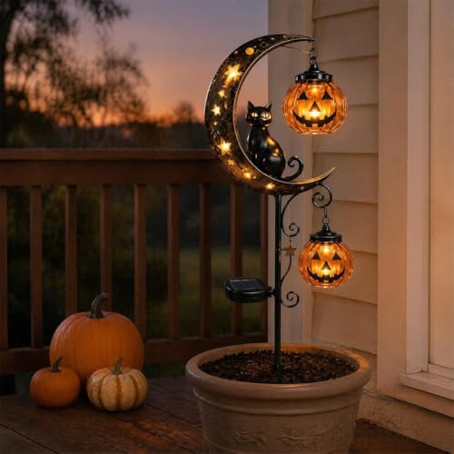 Solar Halloween Black Cat & Pumpkin Moon Garden Stake Light (A)
