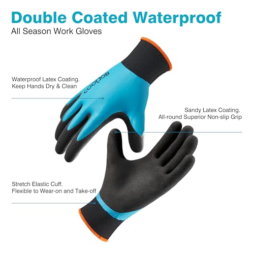 Waterproof Gardening Work Gloves with grip for Women & Men (No Fleece/Blue / Large (Pack of 2))