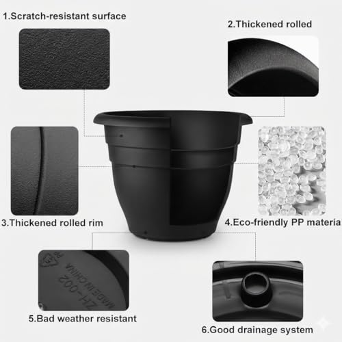 6 Pack 16 Inch Large Plant Pots (Black / 16 inch)