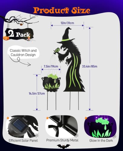 2 Pack Metal Witch Halloween Decorations Outdoor (Black & Green)