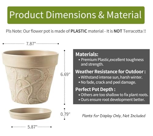 Plastic Plant Pots Indoor with Drainage & Saucer (Undecorated Pottery Color / 8 inch)