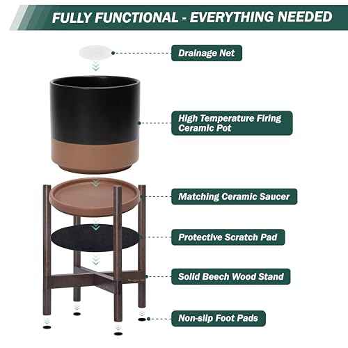 Ceramic Pot with Walnut Wood Stand (12 Inch / Black/Speckled Tan Pot + Walnut Color Stand)