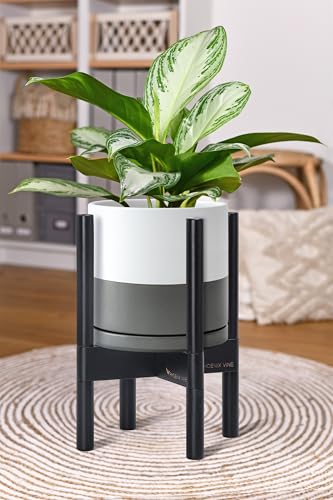 Ceramic Pot with Ebony Wood Stand (8 Inch / White/Grey Pot + Ebony Stand)