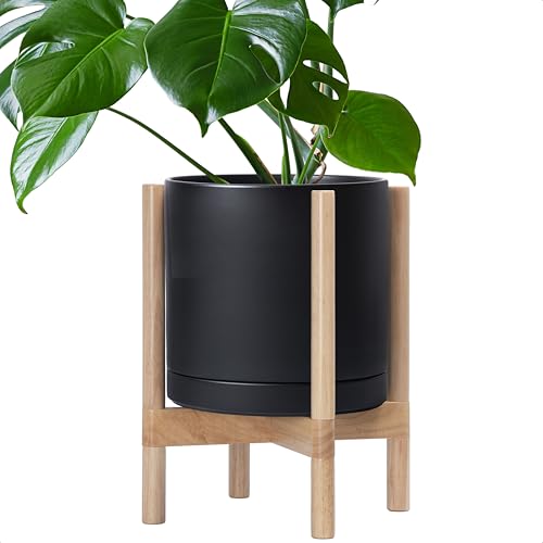 Ceramic Pot with Natural Wood Stand (12 Inch / Black Pot + Natural Stand)