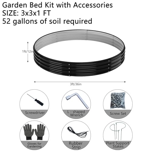 Galvanized Metal Planter Round Raised Garden Bed Kit for Gardening Outdoor (Black / 3x3x1FT（1pcs）)