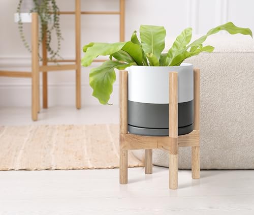 Ceramic Pot with Natural Wood Stand (8 Inch / White/Grey Pot + Natural Stand)