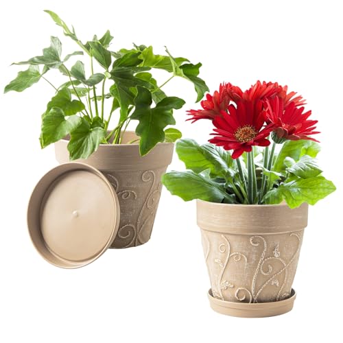 Plastic Plant Pots Indoor with Drainage & Saucer (Undecorated Pottery Color / 8 inch)